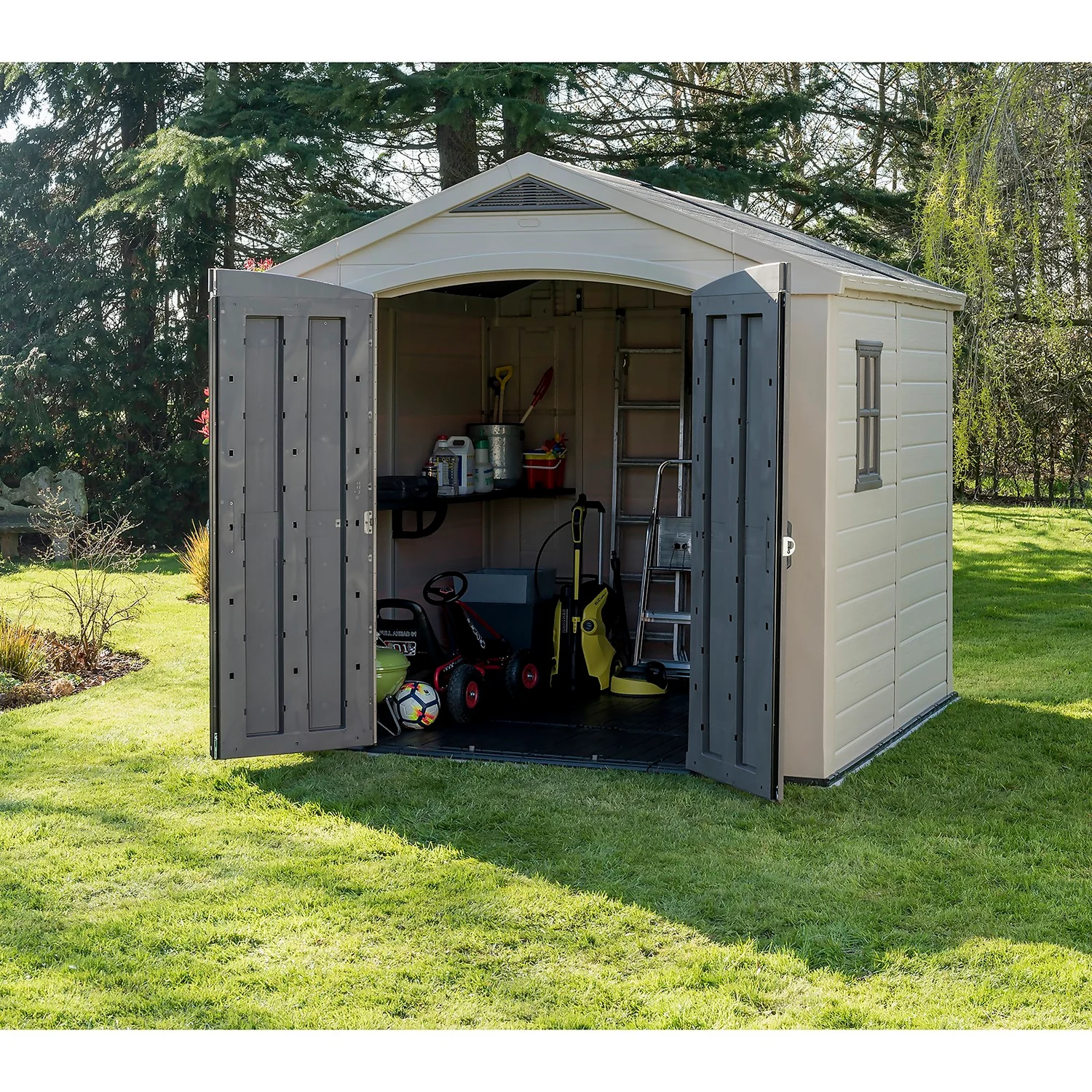 Keter Factor 8 X 8ft Outdoor Garden Apex Storage Shed - Beige/Brown 4 Keter Factor 8 X 8ft Outdoor Garden Apex Storage Shed - Beige/Brown - Image 2
